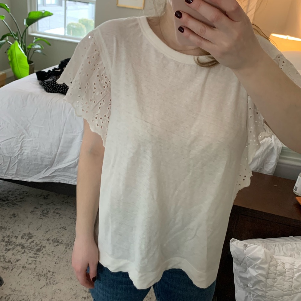 AllSaints White Eyelet Ruffle Sleeve Tee